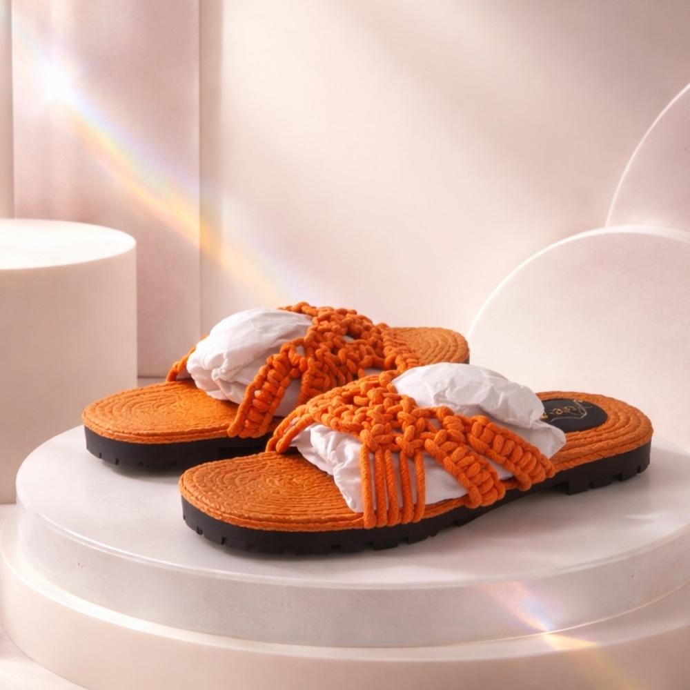 NWOT Free People Sandri Macrame Sandals Orange Crochet Flats Slip On Sz SZ 8.5